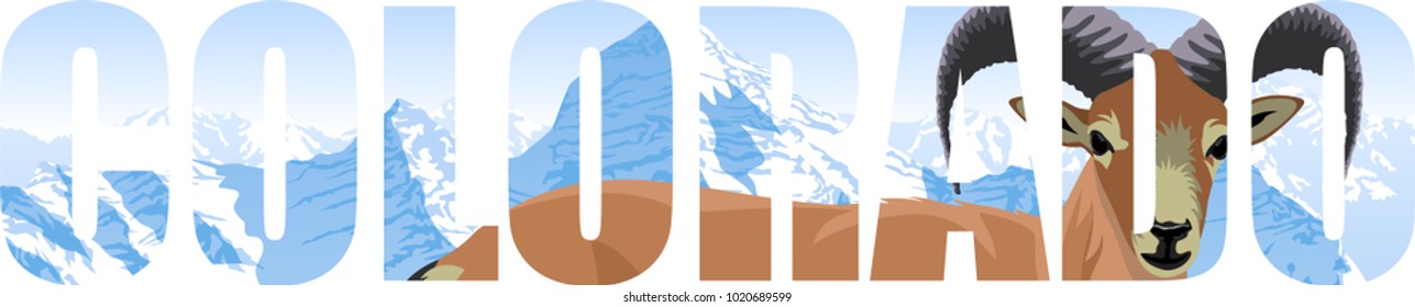 vector Colorado - American state word with bighorn sheep and mountains