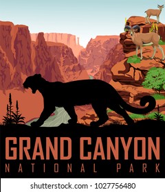 Vector Colorado river in Grand Canyon National Park with mountain lion and bighorn sheeps