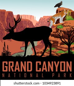 Vector Colorado river in Grand Canyon National Park with deer, eagle and lynx