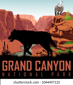 Vector Colorado river in Grand Canyon National Park with wolf and condor griffon vulture