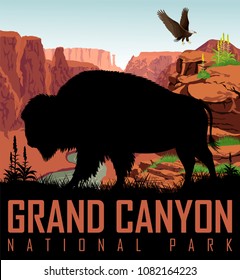 Vector Colorado river in Grand Canyon National Park with buffalo bison and bald eagle