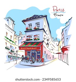 Vector colordrawing. Typical parisain restaurant on Montmartre, Paris, France.