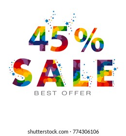 Vector colored 45 percent discount SALE text with stars and confetti. vector illustration