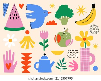 Vector colored abstract collection with animal, plants, nature, fruits and vegetables. Trendy sticker pack template design, print set