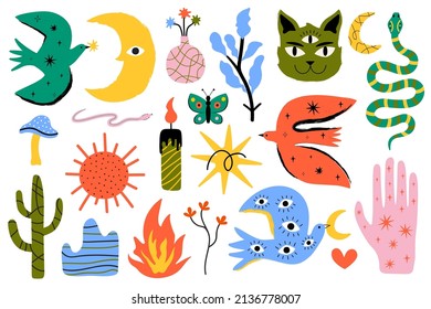 Vector colored abstract collection with animals, plants, nature and cosmos elements. Trendy sticker pack template design, print set with cat, birds, snakes.