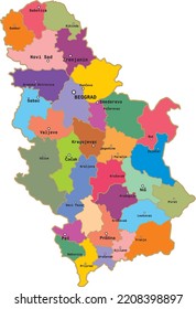 Vector colored administrative map of Serbia. The territory of a European state with large cities, borders of regions.