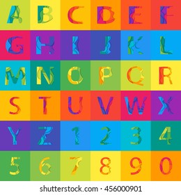 Vector colored Alphabet Set with numbers. Material 3d layered alphabetic font. Vector eps10 illustrator.