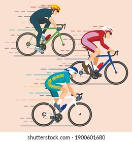 Vector colored athletes on bicycles in motion at competitions on beige background