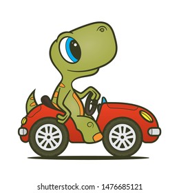 Vector colored baby dinosaur in red car. Isolated on white background.