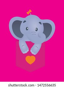 Vector colored baby elephant in breast pocket T-Shirt. Pink background