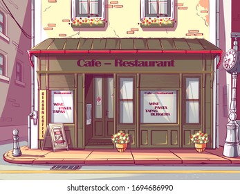 Vector colored background cafe in Hungary. Image of restaurant. For web, video, interface, design, handout, news-sheet.