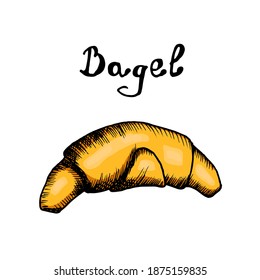 Vector colored baked croissant in doodle style. Drawn by hand. Homemade cakes, bakery. Icon, design for the menu of websites, packaging. Bagel lettering.