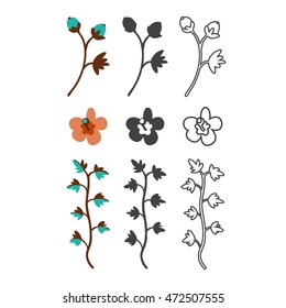 Vector colored, black and line flat icon set. Sakura flower, vine and button silhouette. Flat flowers icons for polygraphy, web design, logo, app, UI.