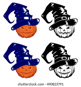 Vector colored and black and white illustration jack-o-lantern halloween pumpkins with witch hat set. 