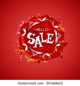 Vector colored blot with Hello Sale tag isolated at red background. Discount label, vector illustration. Business banner for sale message. Artistic hand drawn sales banner.  Sketch style sale