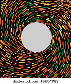 Vector colored bright festive abstraction of a spiral with a circle in the center motion in a circle of lines and spots on a black background