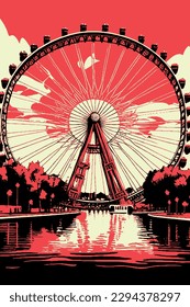 Vector colored bright postcard with a ferris wheel.