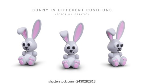 Vector colored bunny, view from different sides. Cute 3D Easter character