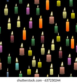 Vector Colored Burning Wax Candles Seamless Pattern Isolated on Black Background