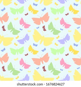 Vector colored butterflies on a blue background. Seamless pattern. 