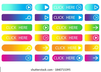 Vector colored buttons, click here. Multi-colored buttons for the site. Rectangles with a gradient. Stock image.