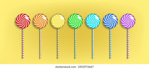 Póster de caramelos de color Vector. 3d arco iris redondo remolino caramelos o piruletas con sombras. Comida dulce para niños. Fondo amarillo.