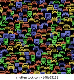 Vector Colored Car Silhouette Seamless Pattern on Black Background