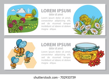 Vector colored card or banner, or booklet with Bees, farm and jar of honey. Honey set. Illustration isolated on beige background with place for text