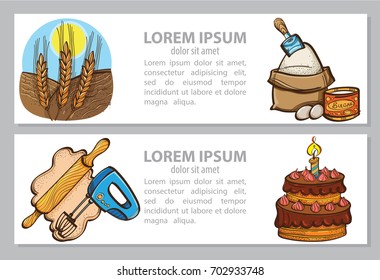 Vector colored card or banner, or booklet with rye, celebratory cake and mixer. Cooking set. Illustration isolated on beige background with place for text