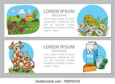Vector colored card or banner, or booklet with cow, farm, package of milk and piece of cheese. Milk set. Illustration isolated on beige background with place for text