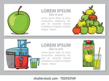 Vector colored card or banner, or booklet with apple, juicer and package and glass with juice. Apple set. Illustration isolated on white background with place for text