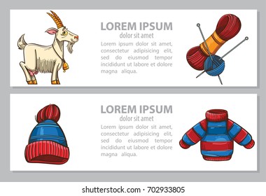 Vector colored card or banner, or booklet with knitting, goat, wool, hat and sweater for child. Set for needlework. Illustration isolated on beige background with place for text