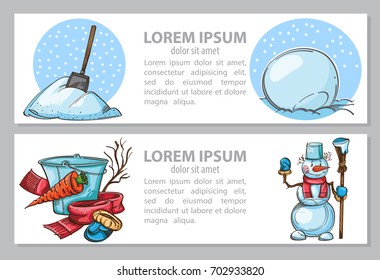 Vector colored card or banner, or booklet with snowman, Snowdrift and things for modeling a snowman. Christmas set. Illustration isolated on beige background with place for text