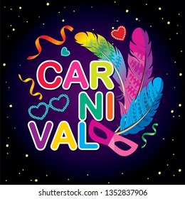 Vector colored Carnival greeting card with description, mask and bright plumage