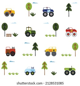 vector colored cars and trees, street, children's background in flat style