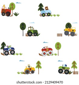 vector colored cars and trees, street, children's background in flat style