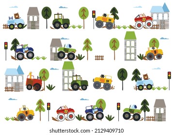coches y árboles de color vectorial, calle, fondo infantil de estilo plano