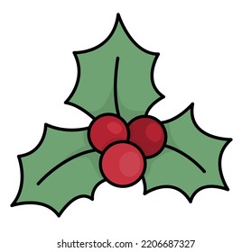 Vector colored cartoon holly leaves and berries. Cute Christmas plant illustration isolated on white background. New Year or winter symbol. Funny cartoon holiday icon
