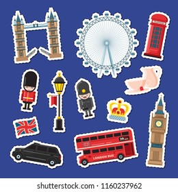 Vector colored cartoon London sights and objects stickers of set illustration