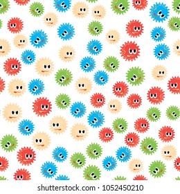 Vector Colored Cartoon Microbes Seamless Pattern on White Background. Pandemic Colored Backteria. Dangerous Bad Viruses. Germs Backterial Mickroorganism. Bacterium Monsters