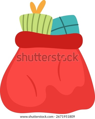 Vector colored cartoon Santa Claus red sack with Christmas presents. Cute winter Father Frost bag illustration isolated on white background. New Year pouch with gifts. Funny holiday icon
