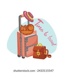 Vector colored cartoon style hand drawn cat sitting on suitcases, stack of travel bags. Vector illustration