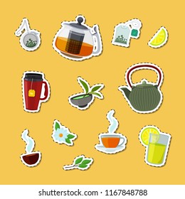 Vector colored cartoon tea kettles and cups stickers of set illustration