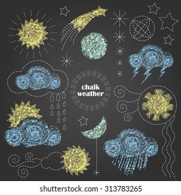 Vector colored chalk design elements set. Sun, cloud, rain, lightning, moon, thunderstorm, comet, snow, stars, wind. Weather and forecast meteorology icons.