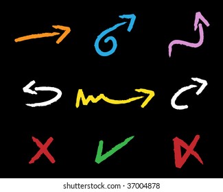 Vector Colored Chalk Symbols (arrows, checkmark, cross)