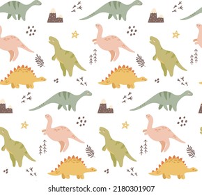 Vector colored childish pattern with cute dinosaurs and tropical palm. Scandinavian wall art, cartoon background. Kids print with cute dino, leaves, mountains. Apparel, textile, wallpaper.