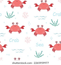 vector colored childish seamless flat pattern with crabs and plants in scandinavian style on white background, cartoon print for kids with crabs, sea ocean, underwater world