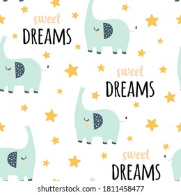 vector colored childish seamless pattern with elephants, stars and lettering sweet dreams in scandinavian style isolated on white background, cute baby animals, pattern for kids