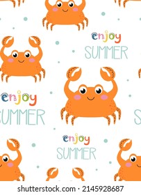 vector colored childish seamless pattern, cute crabs on white background in scandinavian style, summer wallpaper for kids with crabs