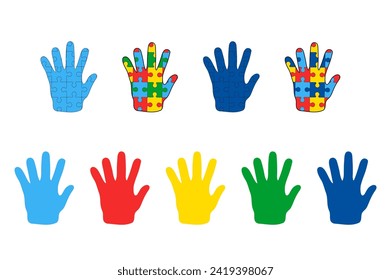 Vector colored children palms, palm made from puzzle pieces. Autism day awareness, children hand. Design for card, poster, coves, textile, fabric, gift paper.
